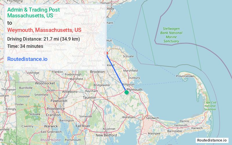 Route map from Admin & Trading Post to Weymouth