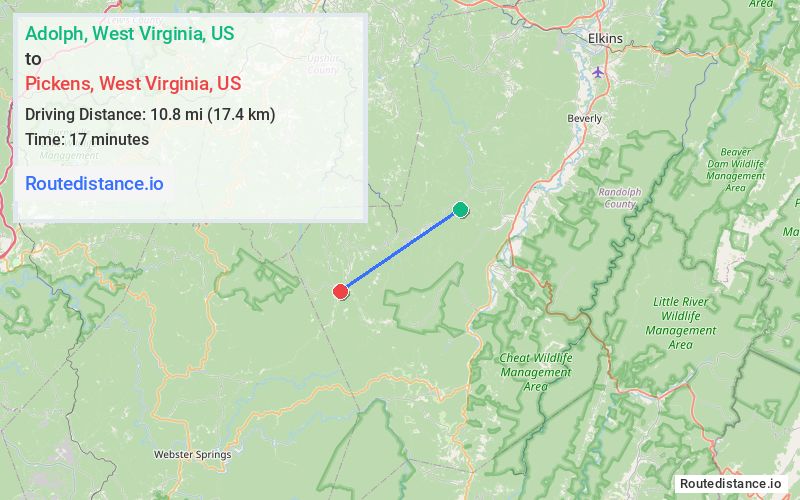 Route map from Adolph to Pickens