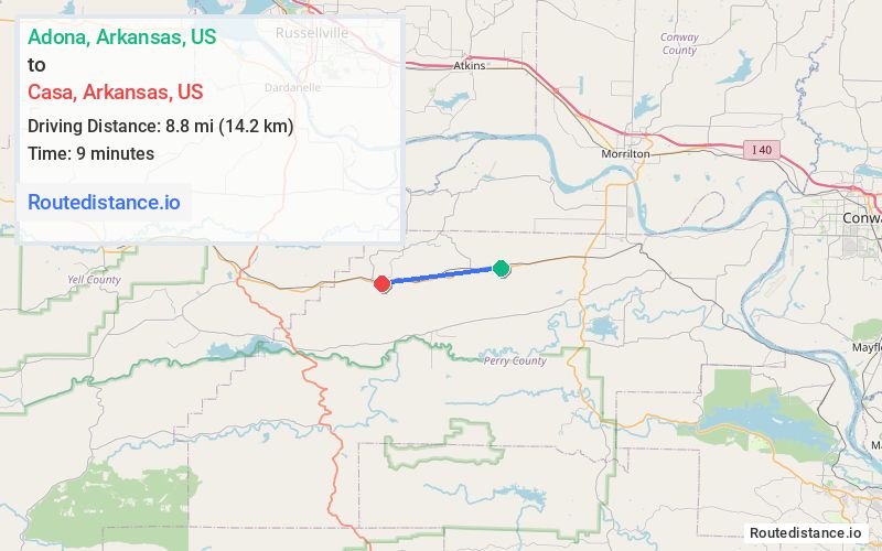 Route map from Adona to Casa