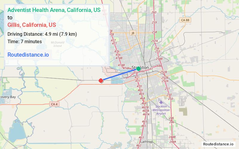Route map from Adventist Health Arena to Gillis