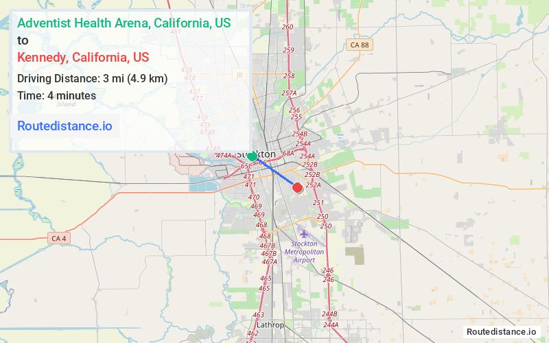 Route map from Adventist Health Arena to Kennedy