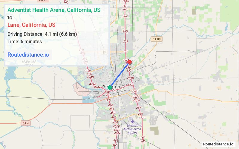Route map from Adventist Health Arena to Lane