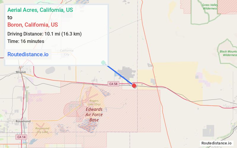 Route map from Aerial Acres to Boron