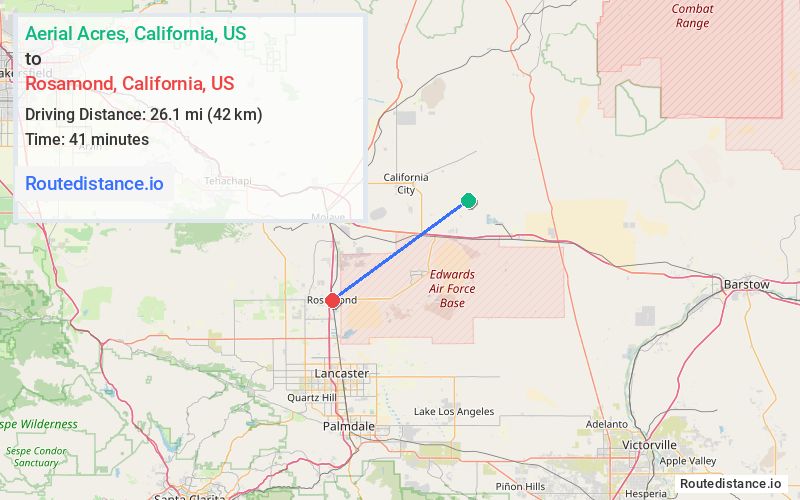 Route map from Aerial Acres to Rosamond