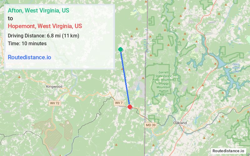 Route map from Afton to Hopemont