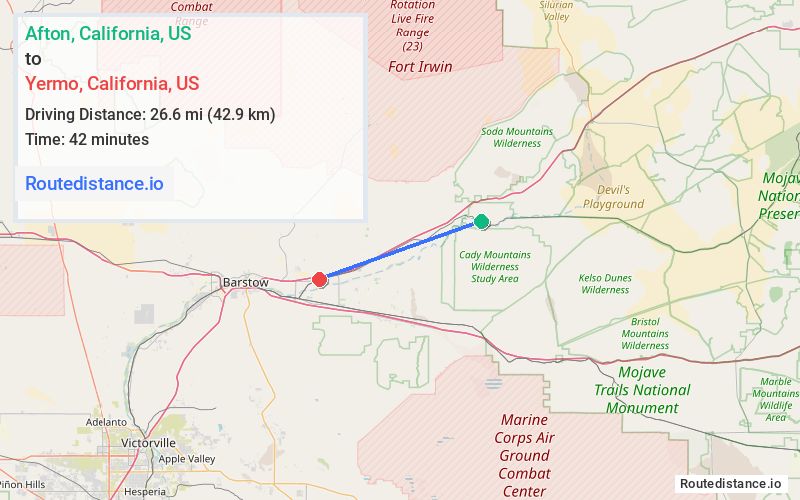 Route map from Afton to Yermo