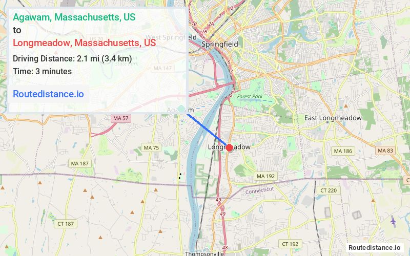 Route map from Agawam to Longmeadow