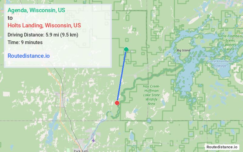 Route map from Agenda to Holts Landing