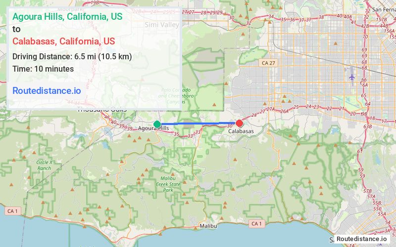 Route map from Agoura Hills to Calabasas
