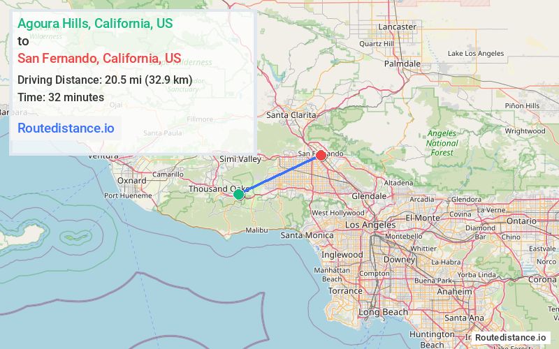 Route map from Agoura Hills to San Fernando