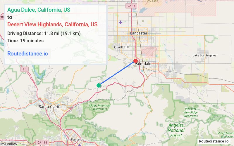 Route map from Agua Dulce to Desert View Highlands