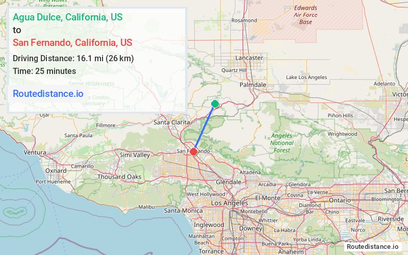 Route map from Agua Dulce to San Fernando