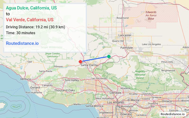 Route map from Agua Dulce to Val Verde