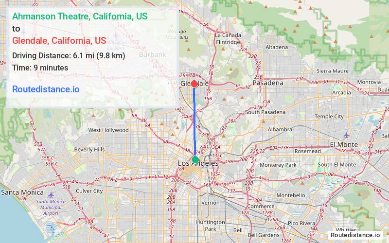 Route map from Ahmanson Theatre to Glendale