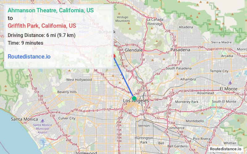 Route map from Ahmanson Theatre to Griffith Park