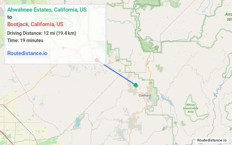 Route map from Ahwahnee Estates to Bootjack