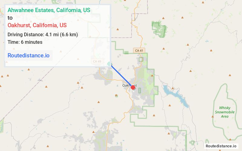 Route map from Ahwahnee Estates to Oakhurst