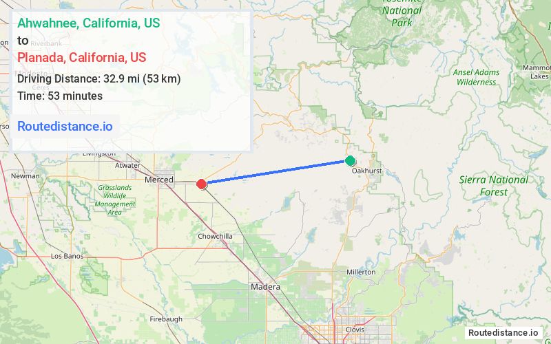 Route map from Ahwahnee to Planada