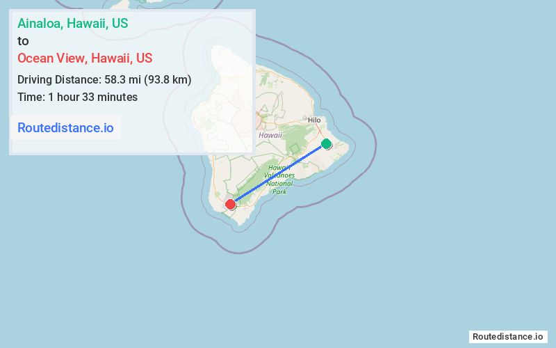 Route map from Ainaloa to Ocean View