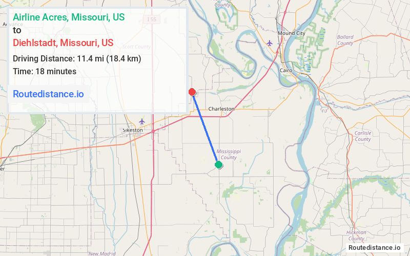 Route map from Airline Acres to Diehlstadt