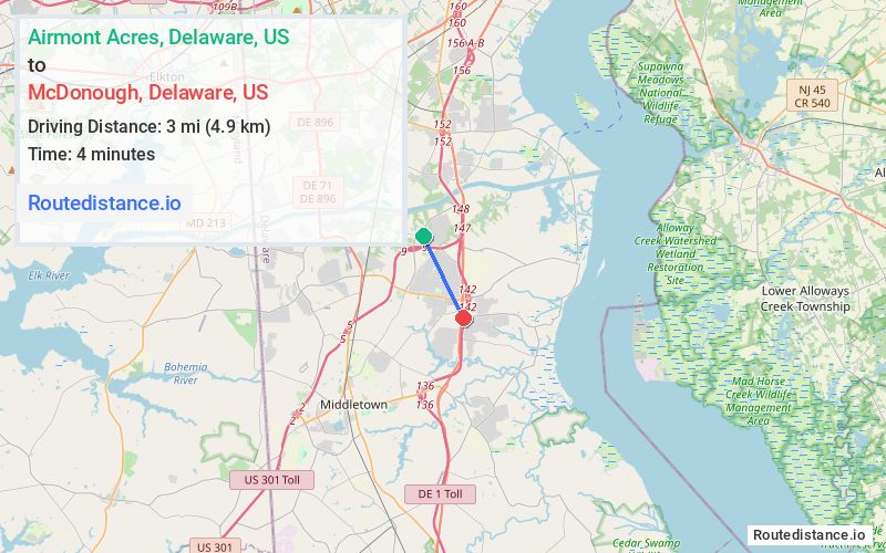 Route map from Airmont Acres to McDonough