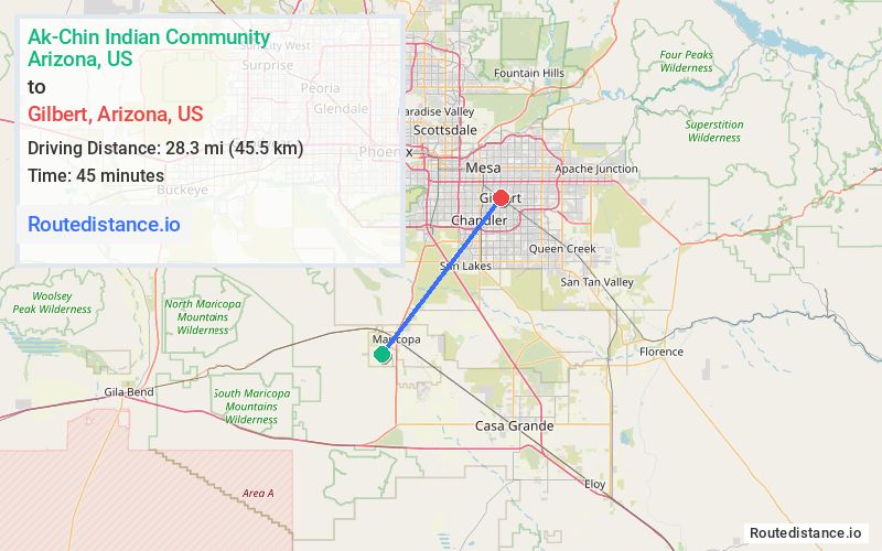Route map from Ak-Chin Indian Community to Gilbert