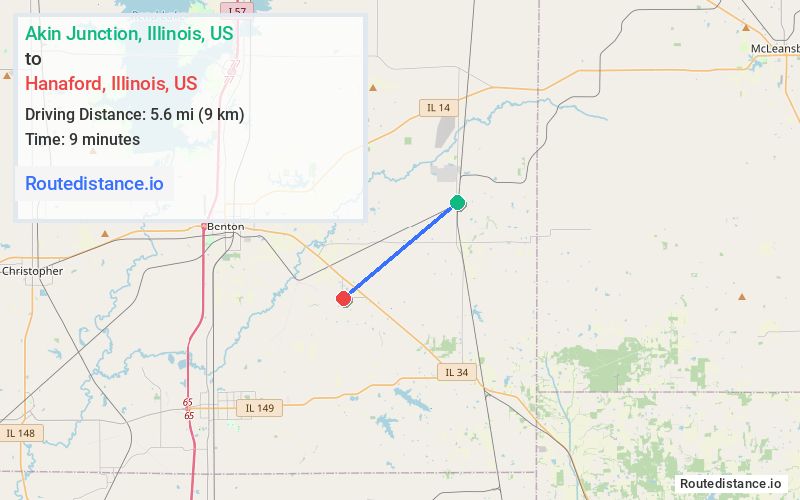 Route map from Akin Junction to Hanaford