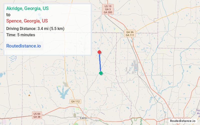 Route map from Akridge to Spence