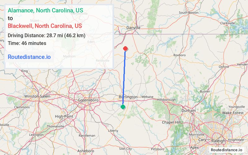 Route map from Alamance to Blackwell