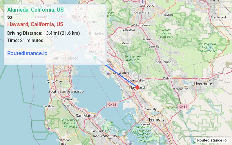 Route map from Alameda to Hayward