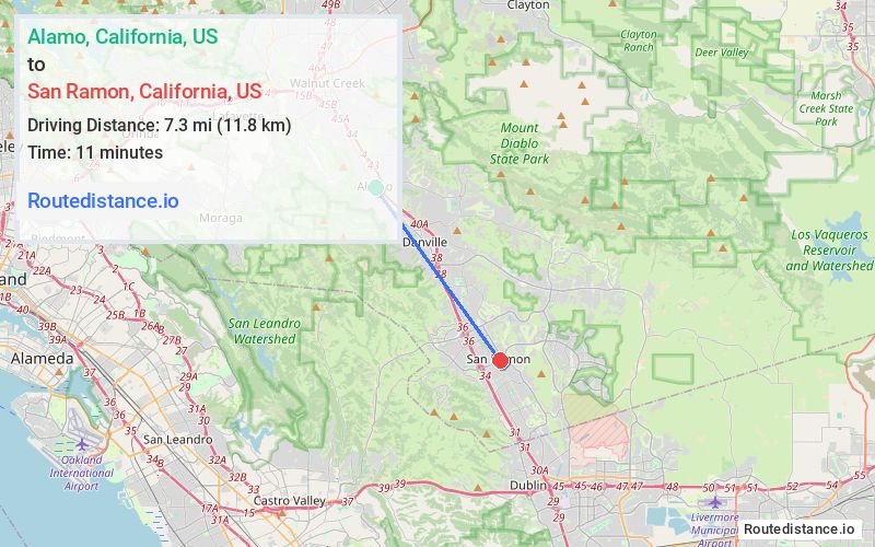Route map from Alamo to San Ramon