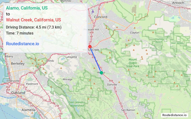 Route map from Alamo to Walnut Creek