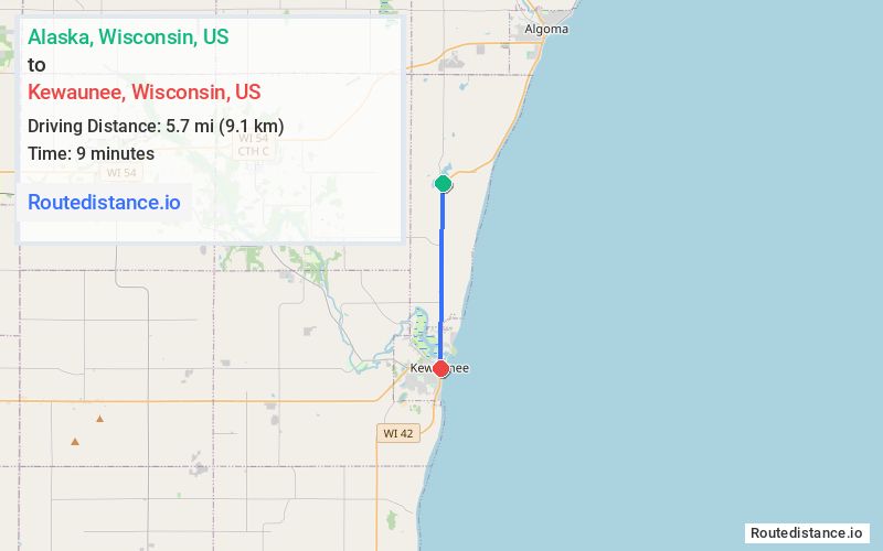 Route map from Alaska to Kewaunee