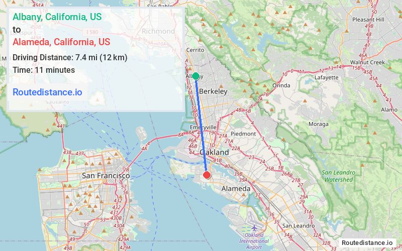 Route map from Albany to Alameda