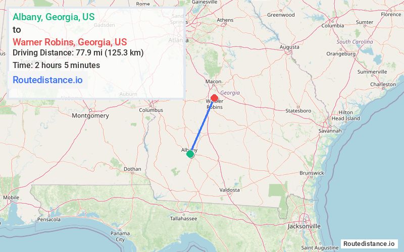 Route map from Albany to Warner Robins