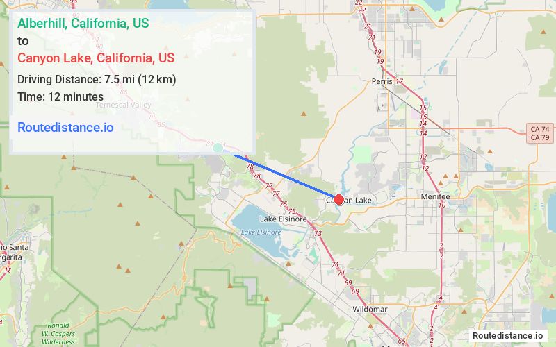 Route map from Alberhill to Canyon Lake
