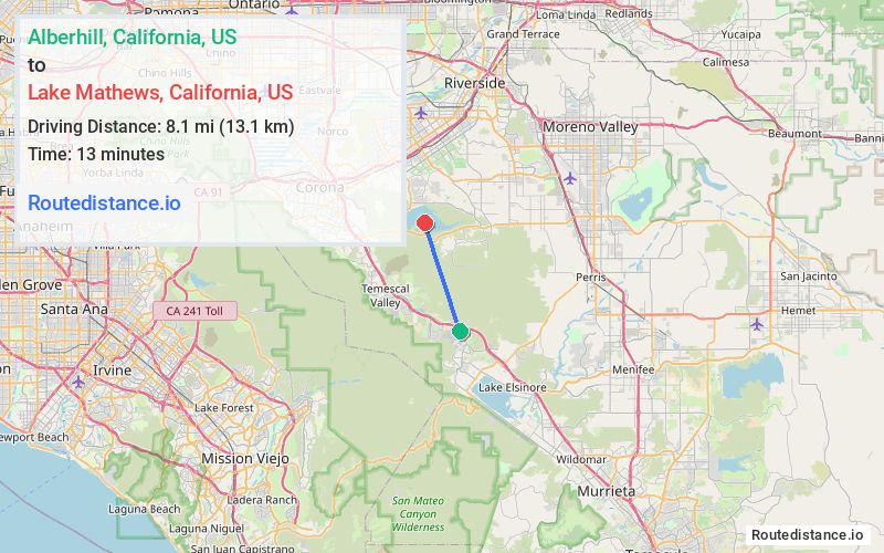 Route map from Alberhill to Lake Mathews