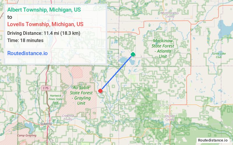 Route map from Albert Township to Lovells Township