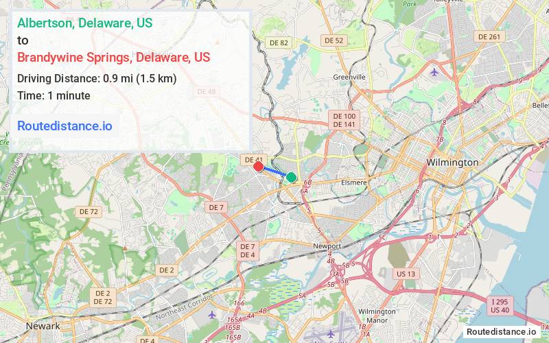 Route map from Albertson to Brandywine Springs