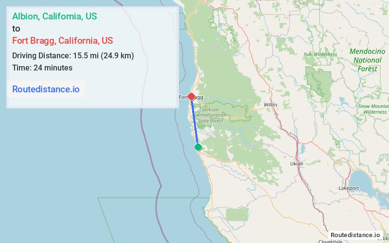 Route map from Albion to Fort Bragg