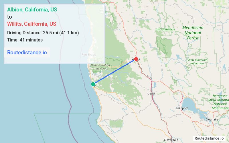 Route map from Albion to Willits