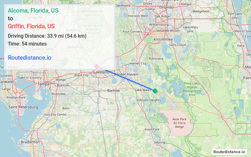 Route map from Alcoma to Griffin