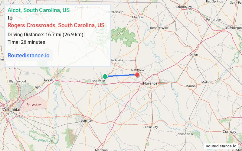Route map from Alcot to Rogers Crossroads
