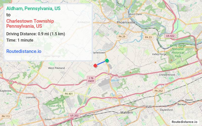 Route map from Aldham to Charlestown Township