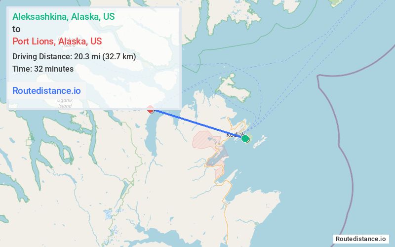 Route map from Aleksashkina to Port Lions