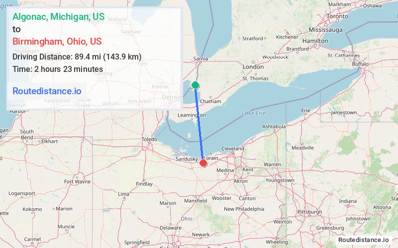 Route map from Algonac to Birmingham