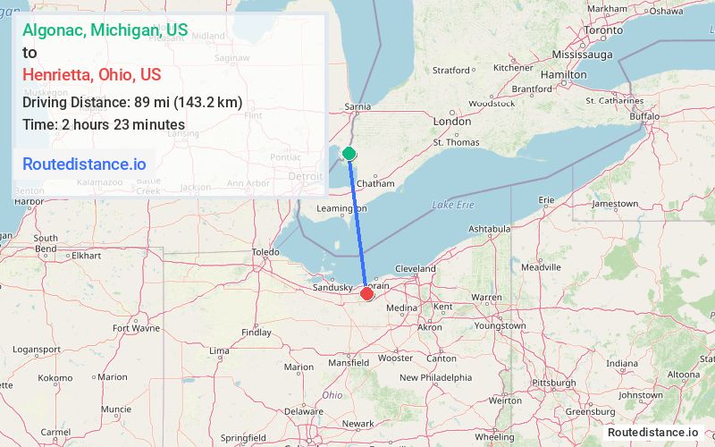 Route map from Algonac to Henrietta