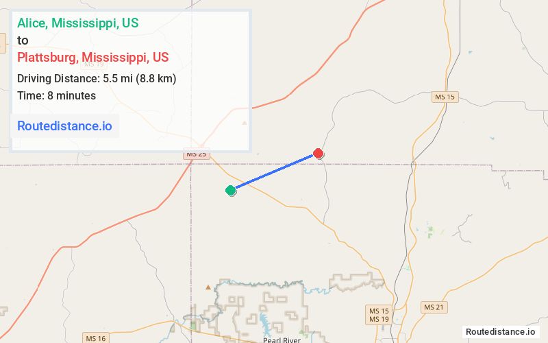 Route map from Alice to Plattsburg