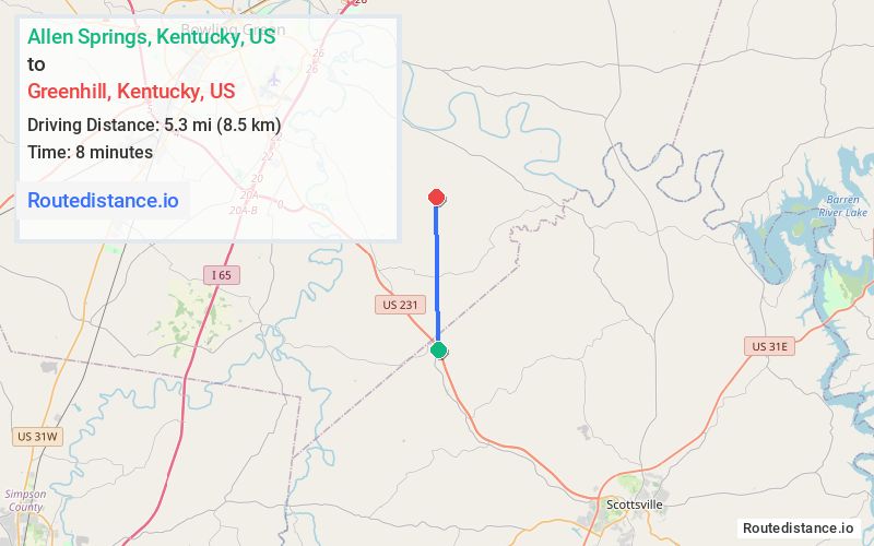Route map from Allen Springs to Greenhill