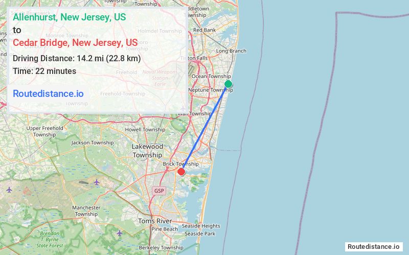 Route map from Allenhurst to Cedar Bridge